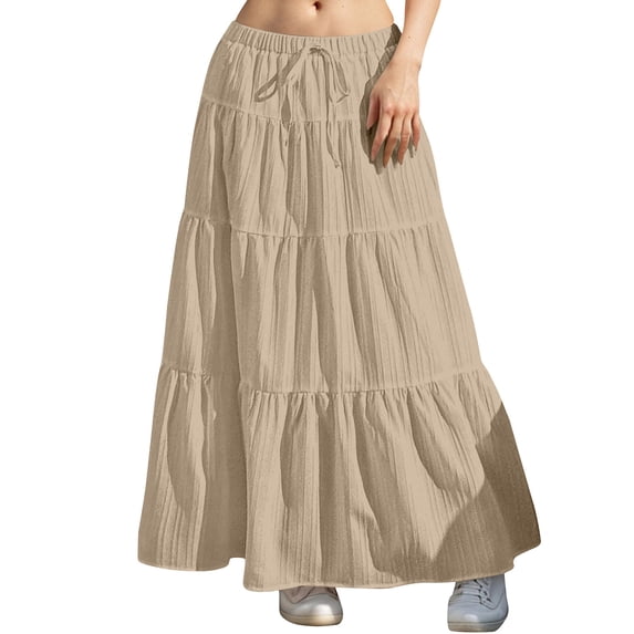 Arlun Womens Boho Maxi Skirts Pure Color Flowy Flared Ruffle Tiered Long Skirts 2026 Summer Beach Vacation Drawstring Elastic Waisted Loose Flowy Casual Skirts 1-Khaki L