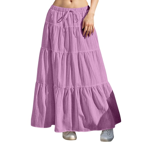 Arlun Womens Boho Maxi Skirts Pure Color Flowy Flared Ruffle Tiered Long Skirts 2026 Summer Beach Vacation Drawstring Elastic Waisted Loose Flowy Casual Skirts 2-Purple XL