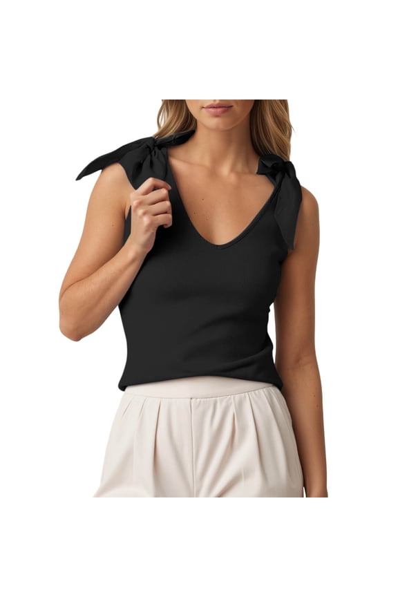 Womens Bow Tie Tank Tops V-Neck Sleeveless Ribbing Going out Tops Casual Solid Color Slim Fitting Camisole Trendy Summer Outfit 2026 Black M