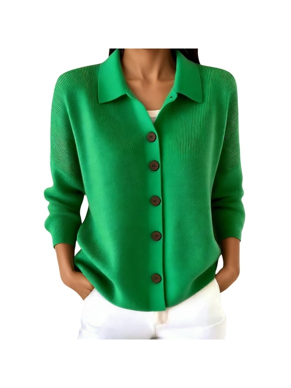 Womens Button down Cardigan Sweaters Plus Size Soft Casual Long Sleeve Open Front Cardigans Fall Winter Fashion Pure Color Lapel Collared Thermal Outerwear