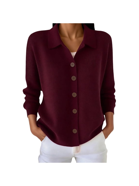 Womens Button down Cardigan Sweaters Plus Size Soft Casual Long Sleeve Open Front Cardigans Fall Winter Fashion Pure Color Lapel Collared Thermal Outerwear