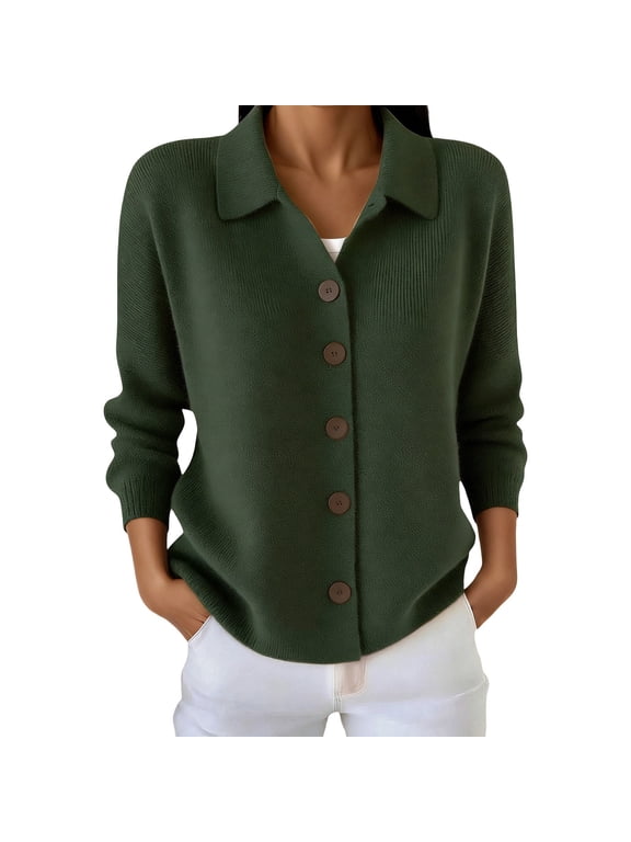 Womens Button down Cardigan Sweaters Plus Size Soft Casual Long Sleeve Open Front Cardigans Fall Winter Fashion Pure Color Lapel Collared Thermal Outerwear