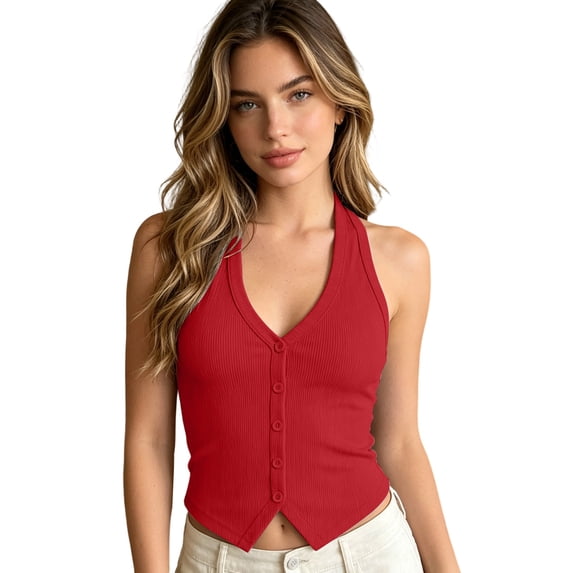 Arlun Womens Button down Tank Tops Solid Color Ribbed Deep V-Neck Sleeveless Slim Fitted Halter Vest Summer Trendy Cute Crop Going out Tops for Casual Daily Wear 1—Red L