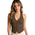 thumbnail image 1 of Arlun Womens Button down Tank Tops Solid Color Ribbed Deep V-Neck Sleeveless Slim Fitted Halter Vest Summer Trendy Cute Crop Going out Tops for Casual Daily Wear 1—Brown L, 1 of 4