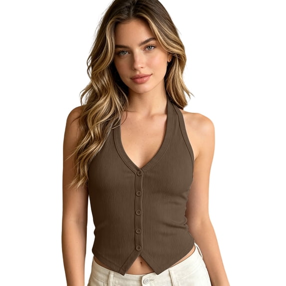 Arlun Womens Button down Tank Tops Solid Color Ribbed Deep V-Neck Sleeveless Slim Fitted Halter Vest Summer Trendy Cute Crop Going out Tops for Casual Daily Wear 1—Brown L