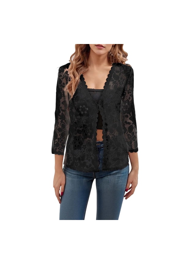 Womens Cardigan 3/4 Length Sleeve Lightweight Lace Open Front Cardigans Fall Soft Comfortable Deep V-Neck Thin Tops Casual Loose Fit Solid Color Fashion Outifits Black L