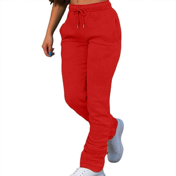 Arlun,Womens Cargo Sweatpants Baggy Stacked Pants Warm Elastic Waist Drawstring Casual Joggers Plus Size Ladies Solid Color Comfortable Lounge Trousers Red2 S