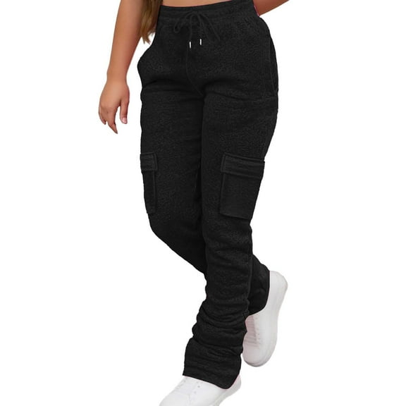 Arlun,Womens Cargo Sweatpants Baggy Stacked Pants Warm Elastic Waist Drawstring Casual Joggers Plus Size Ladies Solid Color Comfortable Lounge Trousers Black XXL