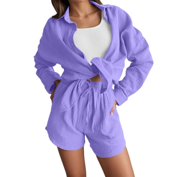 Arlun Womens Casual 2 Piece Outfits Lightweight Comfy Cotton Linen Sets Button down Long Sleeve Oversized Shirt and Loose Shorts 2026 Solid Color Loungewear Beach Set Purple S