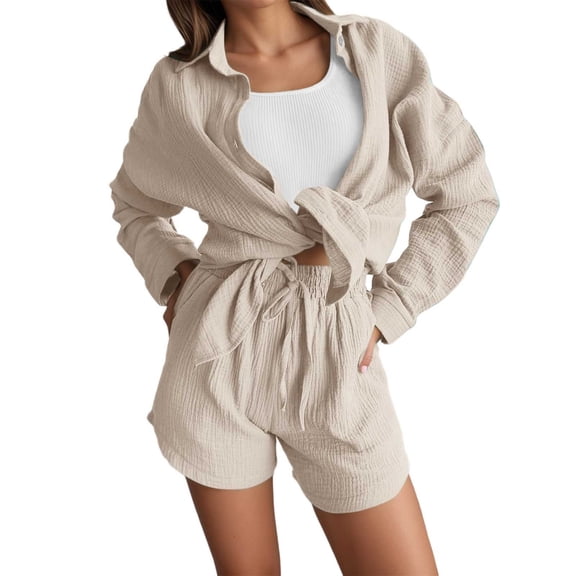 Arlun Womens Casual 2 Piece Outfits Lightweight Comfy Cotton Linen Sets Button down Long Sleeve Oversized Shirt and Loose Shorts 2026 Solid Color Loungewear Beach Set Beige M