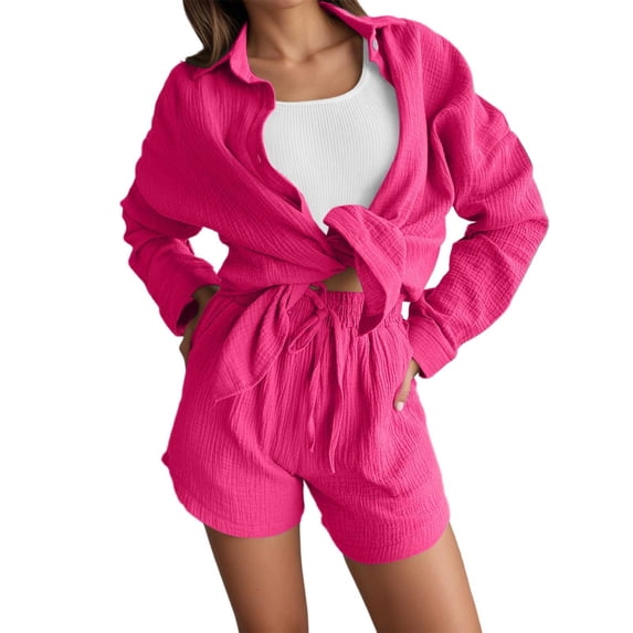 Arlun Womens Casual 2 Piece Outfits Lightweight Comfy Cotton Linen Sets Button down Long Sleeve Oversized Shirt and Loose Shorts 2026 Solid Color Loungewear Beach Set Red L