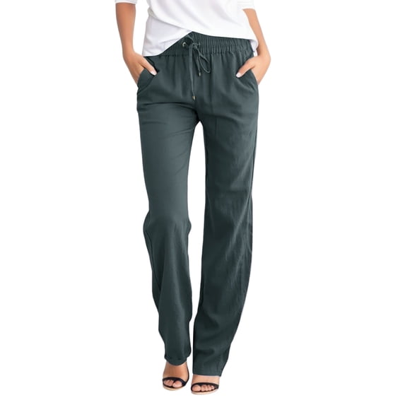 Arlun Womens Casual Cotton Linen Pants Lightweight Comfortable Relax Fit Pants Drawstring Elastic Waist Plus Size Solid Color Basic Trousers with Pockets Dark Gray S
