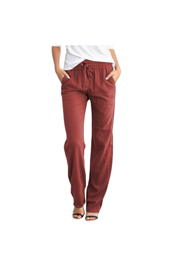 Womens Casual Cotton Linen Pants Lightweight Comfortable Relax Fit Pants Drawstring Elastic Waist Plus Size Solid Color Basic Trousers with Pockets Wine XL