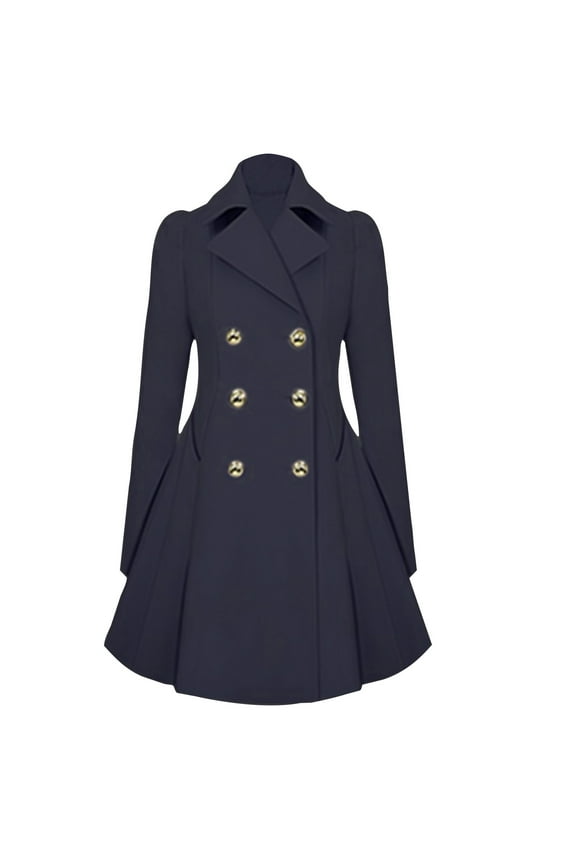 Womens Casual Elegant Long Trench Coats 2025 Classic Notch Lapel Double Thick a Line Jackets Fall Overcoat Fashion Slim Fit Long Sleeve Outerwear Navy S
