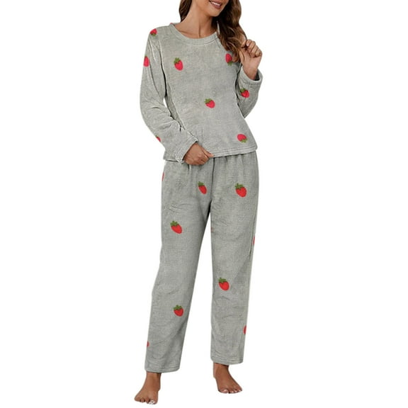 Arlun Womens Casual Pajamas Sets Coral Long Sleeve Crewneck Tops and Wide Leg Elastic Waist Long Pants Cute Printing Sleepwear 2 Piece Sets Sleepwear Loungewear Pjs Grey One Size