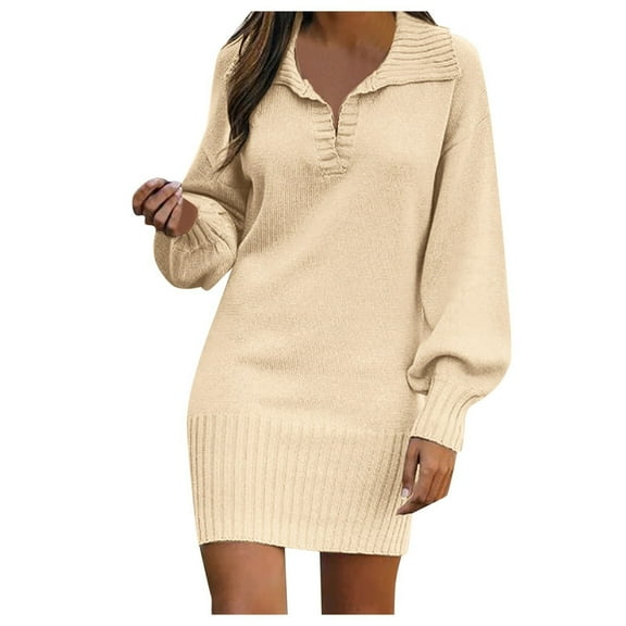 Arlun Womens Casual V-Neck Knit Mini Fall Sweater Dresses Long Sleeve Loose Fit Solid Color Ribbed Pullover Jumper Sweaters Soft Comfortable Warm Stylish Short Dress Beige M