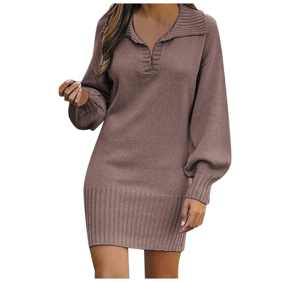 Arlun Womens Casual V-Neck Knit Mini Fall Sweater Dresses Long Sleeve Loose Fit Solid Color Ribbed Pullover Jumper Sweaters Soft Comfortable Warm Stylish Short Dress Coffee S
