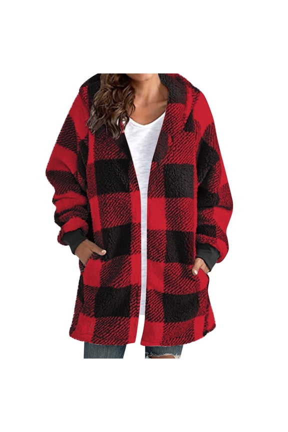 Womens Christmas Plaid Sherpa Coats Casual Loose Soft Cozy Long Sleeved Hooded Jackets Winter Thermal Fuzzy Cardigan Overcoats with Pockets for Cold Weather Red XL