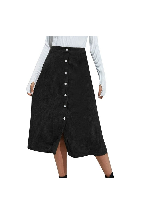 Womens Corduroy Midi Business Casual Skirts Button down Front Slit Work Long Skirt High Waisted Solid Color Loose Comfortable Cord Teacher Skirts Black S