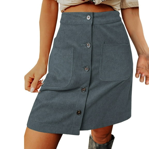 Arlun Womens Corduroy Mini Skirts Fall Winter High Waisted Button down A-Line Skirts with Pockets Soft Comfortable Solid Color Slimming Short Skirt Grey M