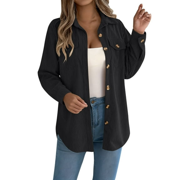 Arlun Womens Corduroy Shacket Jackets Oversized Long Sleeve Button down Loose Casual Cardigan Coats Solid Color Lapel Design Soft Comfortable Fall Winter Outwear Black L
