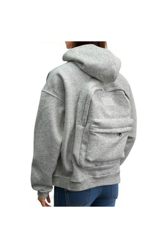 Womens Creative Travel Hoodies With Backpack Full Zipper Loose Fit Long Sleeve Drop Shoulder Hooded Sweatshirts Solid Color Comfy 2025 New Jackets Light Gray M