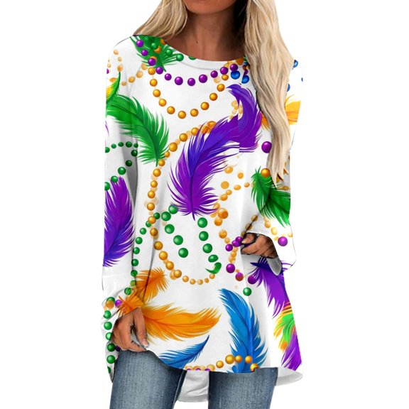 Arlun Womens Crewneck Long Sleeve T-Shirts Carnival Printed Loose Fit Tunic Tops Casual Spring Lightweight Comfortable Fashion Outfits Trendy Plus Size Clothes 2025 5-White XXL