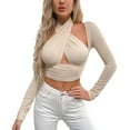 thumbnail image 1 of Arlun,Womens Criss Cross Halter Neck Cropped T Shirts Trendy Solid Color Long Sleeve Cut out Sexy Tops Women's Soft Comfortable Lightweight Thin Stylish Tshirts Beige XL, 1 of 6