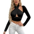 thumbnail image 1 of Arlun,Womens Criss Cross Halter Neck Cropped T Shirts Trendy Solid Color Long Sleeve Cut out Sexy Tops Women's Soft Comfortable Lightweight Thin Stylish Tshirts Black S, 1 of 6