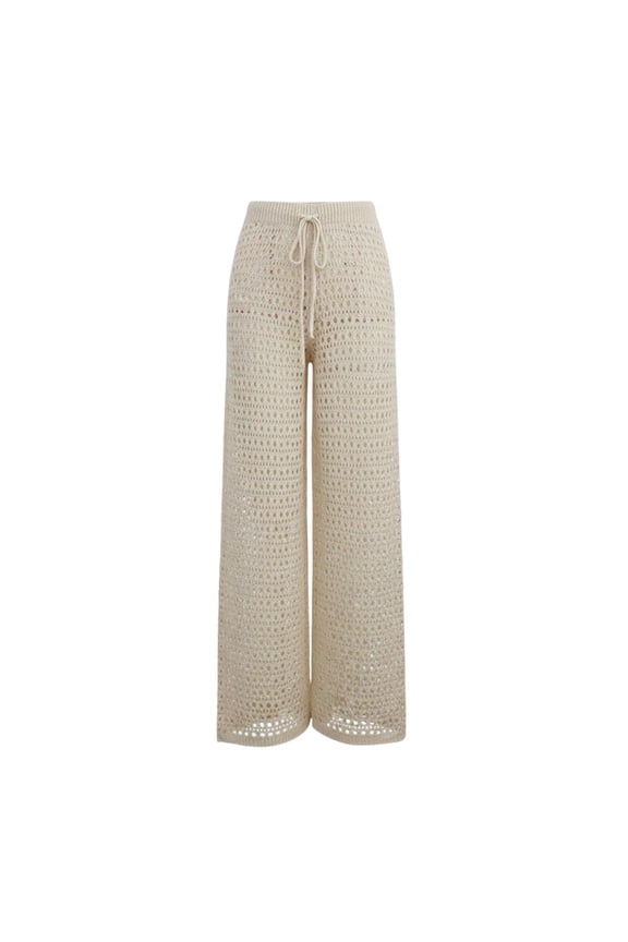 Womens Crochet Cover up Pants Sheer Mesh High Waist Drawstring Stylish Casual Summer Hollow out Design Knit Beach Pants Soft Breathable Holiday Wear 1-Beige M