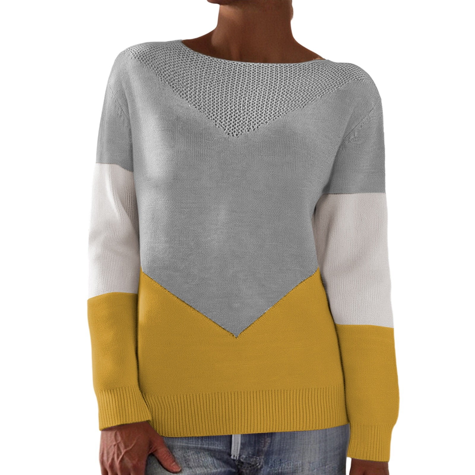 Arlun Womens Crochet Crewneck Long Sleeve Pullovers Sweater Color Block ...