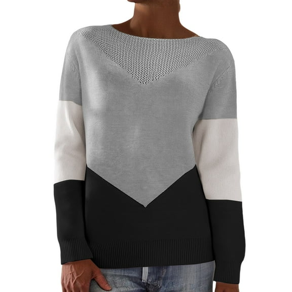 Arlun Womens Crochet Crewneck Long Sleeve Pullovers Sweater Color Block Loose Tunic Ribbed Sweaters Trendy Soft Comfortable Jumper Tops for Fall Winter Daily Wear Black S
