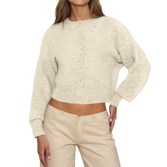 Arlun Womens Cropped Cardigan Sweaters Crew Neck Long Sleeve Button up Sweaters Top Elegant Solid Color Lightweight Knit Open Front Cardigan for Daily Wear