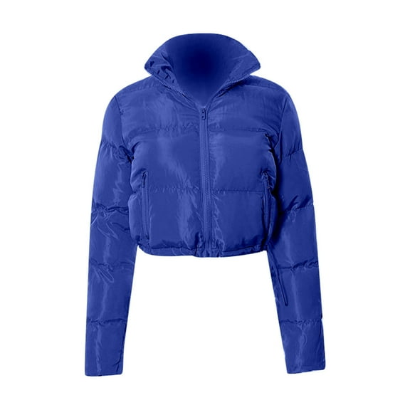 Arlun Womens Cropped Puffer Jackets Winter Full Zipper Long Sleeve Quilted Puffy Bubble Padded Warm Coats with Pockets Solid Color Stand Collar Casual Outwear Blue M