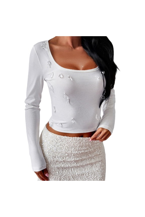 ,Womens Cropped Stretch Tight T Shirts 2025 Trendy Square Neck Long Sleeve Solid Color Slim Fit Tshirts Ladies Casual Rhinestone Pearl Y2K Streetwear Tops White M