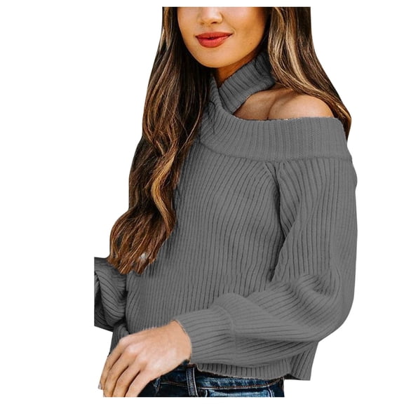 Arlun Womens Cross Halter Neck Cold Shoulder Sweaters Casual Solid Color Long Sleeve Slimming Sweater Soft Cozy Knit Jumper for Fall Winter Stylish Work Wear Grey S