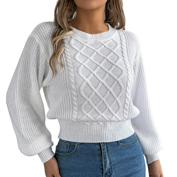 Arlun Womens Cute Sweaters Casual Cable Knit Peasant Tops Elastic Cuff Bell Sleeve Feminine Chunky Knit Pullovers Loose Fit Cozy Fall Winter Sweaters White XL