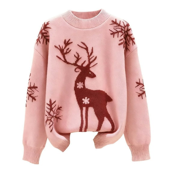 Arlun Womens Deer Pattern Knit Pullover Sweaters Lady Cozy Loose Crewneck Long Sleeve Sweater Tops Soft Comfortable Cute Winter Warm Tops Spring Fashion Clothes Pink XXL