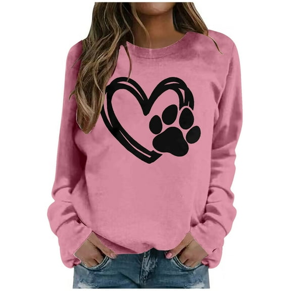 Arlun Womens Dog Mama Sweatshirts Dog Paw Printed Love Heart Graphics Long Sleeve Crewneck Pullovers Soft Comfortable Loose Thin Casual Hoodless Tops Pink XL