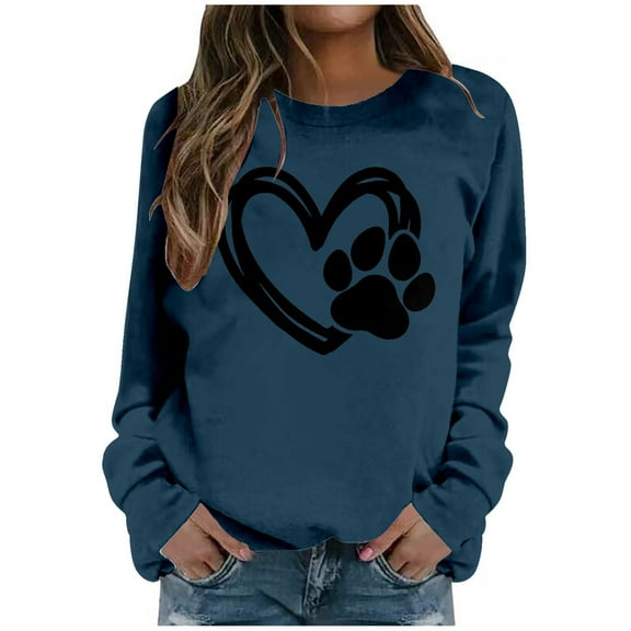 Arlun Womens Dog Mama Sweatshirts Dog Paw Printed Love Heart Graphics Long Sleeve Crewneck Pullovers Soft Comfortable Loose Thin Casual Hoodless Tops Navy XXL