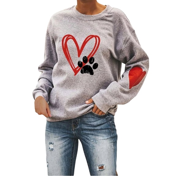 Arlun Womens Dog Mama Sweatshirts Dog Paw Printed Love Heart Graphics Long Sleeve Crewneck Pullovers Soft Comfortable Loose Thin Casual Hoodless Tops Grey XL