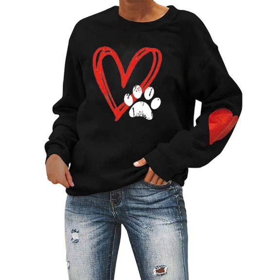 Arlun Womens Dog Mama Sweatshirts Dog Paw Printed Love Heart Graphics Long Sleeve Crewneck Pullovers Soft Comfortable Loose Thin Casual Hoodless Tops Black2 XL