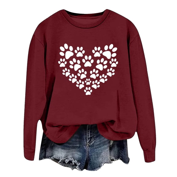 Arlun Womens Dog Mom Sweatshirts Cute Dog Paw Printed Heart Graphic Long Sleeve Crewneck Pullover Sweatshirt Casual Soft Comfy Fall Winter Lightweight Basic Tops XXL