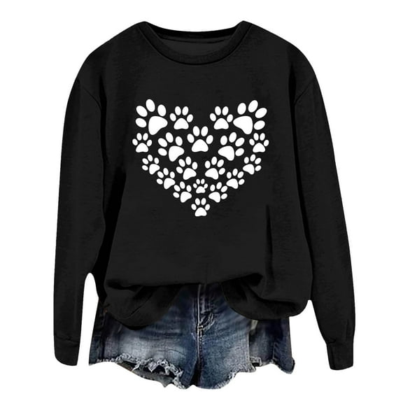 Arlun Womens Dog Mom Sweatshirts Cute Dog Paw Printed Heart Graphic Long Sleeve Crewneck Pullover Sweatshirt Casual Soft Comfy Fall Winter Lightweight Basic Tops Black L