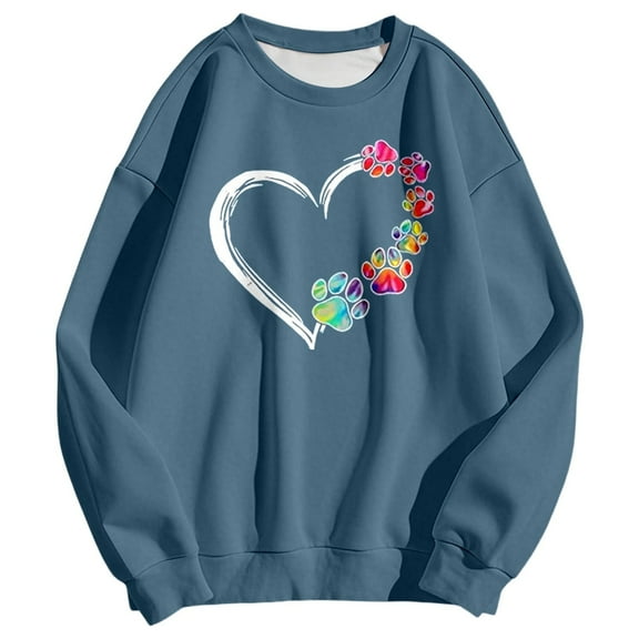 Arlun Womens Dog Mom Sweatshirts Trendy Heart Dog Paw Printed Color Block Long Sleeve Crewneck Casual Cute Sweatshirts Soft Comfy Loose Pullover Tops Blue XXL