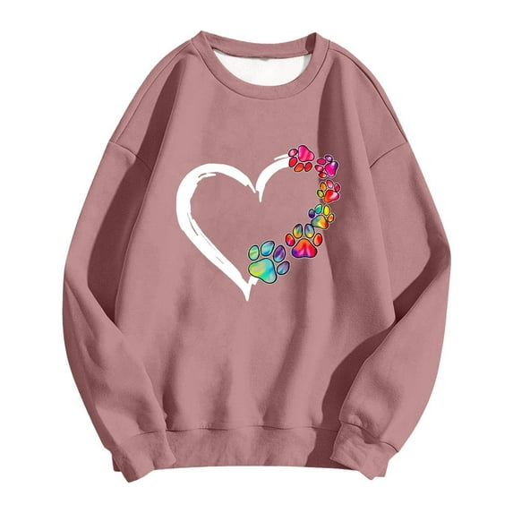 Arlun Womens Dog Mom Sweatshirts Trendy Heart Dog Paw Printed Color Block Long Sleeve Crewneck Casual Cute Sweatshirts Soft Comfy Loose Pullover Tops 1-Pink XL