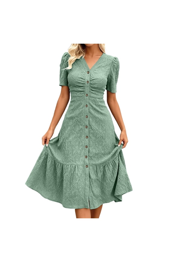 Womens Elegant Eyelet Midi Dress V-Neck Button down Ruched Bust Short Sleeve a Line Summer Casual Dress Style Slim Fit Ruffle Hem Lightweight Comfy Daily Wear Green S