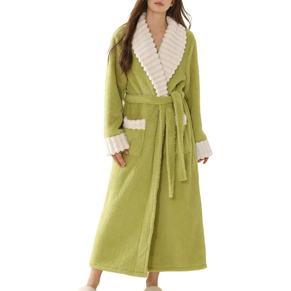 Arlun Womens Elegant Robes Comfort Shawl Collar Patchwork Warm Long Flannel Bathrobe Long Sleeve Relaxed Fit Soft Winter Loungewear Belted Kimono Style Sleepwear Green M