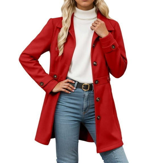 Arlun Womens Elegant Single Coats Long Sleeve Button down Mid Winter Overcoat Simple Trendy Solid Color Work Office Pea Coats Business Casual Comfy Outwear Red XL