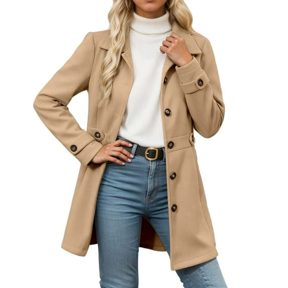 Arlun Womens Elegant Single Coats Long Sleeve Button down Mid Winter Overcoat Simple Trendy Solid Color Work Office Pea Coats Business Casual Comfy Outwear Khaki XL